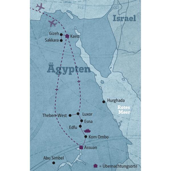Ihre Reiseroute führt von Kairo über Luxor auf dem Nil nach Assuan.