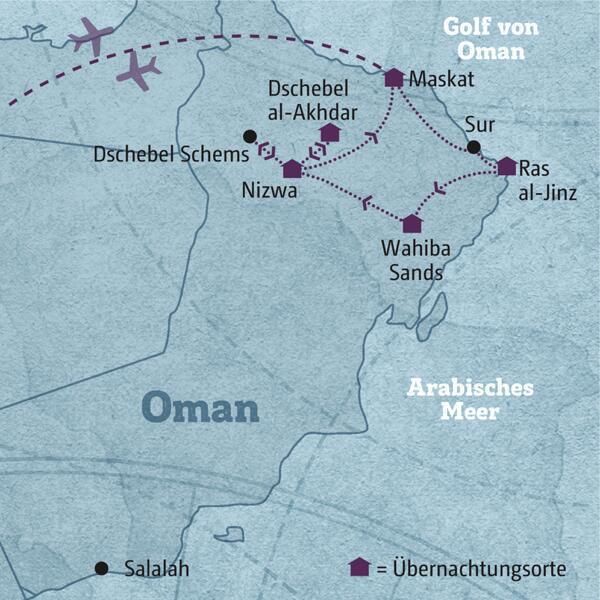 Auf dieser individuellen Rundreise erleben Sie den faszinierenden Oman: Wadis, Oasen und die Wüste, Sie übernachten im Wüstencamp und erkunden alte Burgen, atemberaubende Schluchten und genießen die orientalische Küche!