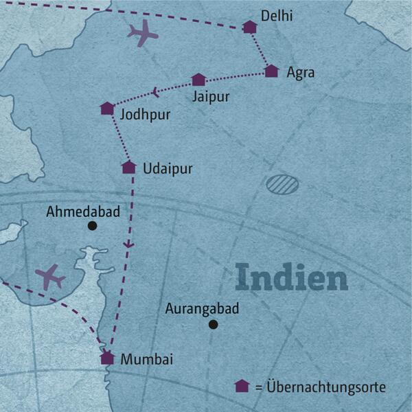 Ihre Reiseroute durch Nordindien startet in Delhi und führt über Agra, Jaipur, Jodhpur und Udaipur in die Metropole Mumbai.