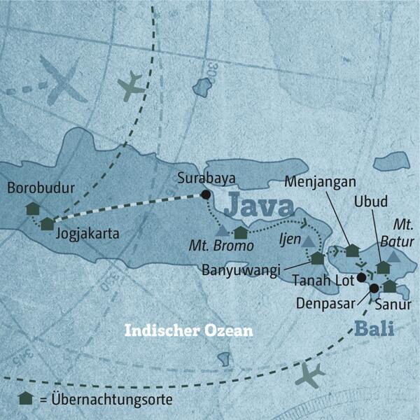 Ihre Reiseroute durch Java und Bali führt Sie zu rauchenden Vulkanen, traumhaften Stränden und malerischen Reisterrassen. Zu den Highlights zählen die Tempelanlage in Borobudur, Trekking am Mount Bromo, der Meerestempel Tanah Lot und eine Tanzstunde in balinesischem Tanz.