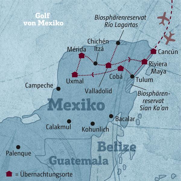 Ihre individuelle Reiseroute startet in Cancún und führt Sie über Tulum, Cobá, Uxmal, Mérida, Chichén Itzá und Valladolid an die Riviera Maya.