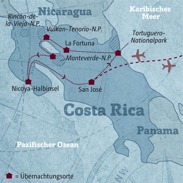 Ihre individuelle Rundreise durch Costa Rica führt von San José über den Tortuguero-Nationalpark und La Fortuna zum Tenorio-Nationalpark, weiter über Monteverde zur Nicoya-Halbinsel.