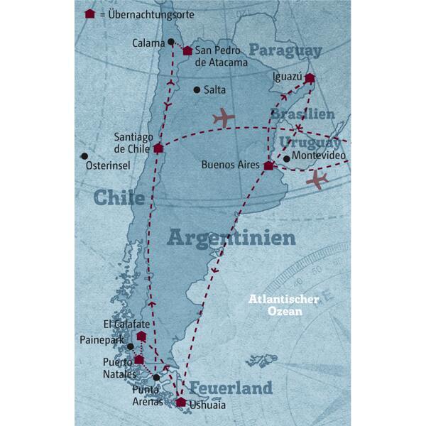 Diese individuelle Rundreise durch Argentinien und Chile  führt Sie in die Metropolen Santiago de Chile und Buenos Aires, in die weite Landschaft Patagoniens, zu vereisten Andengipfeln und Gletschern, in die trockenste Wüste der Welt - die Atacama - und zu den beeindruckenden Wasserfällen von Iguazú.