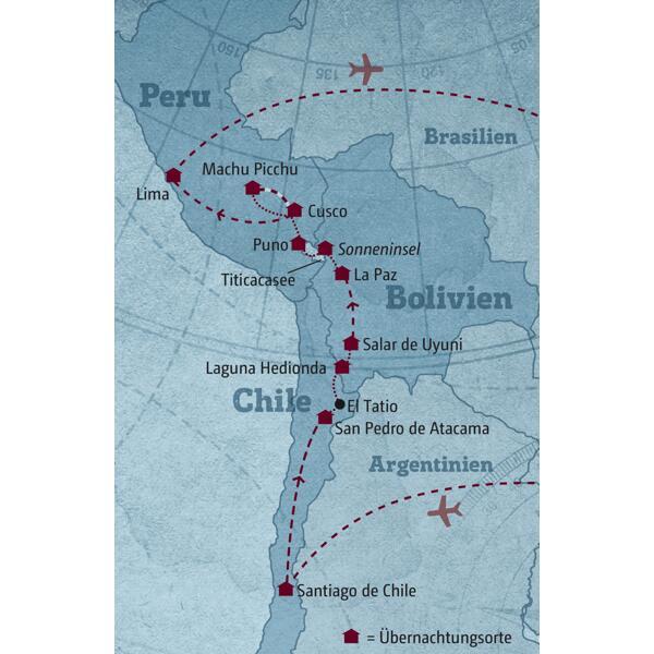 Ihre Reiseroute führt Sie nach Santiago de Chile und in die Atacama-Wüste, dann nach Bolivien zum Uyuni-Salzsee und nach La Paz und schließlich über den Titicacasee, Cusco und Machu Picchu nach Lima.