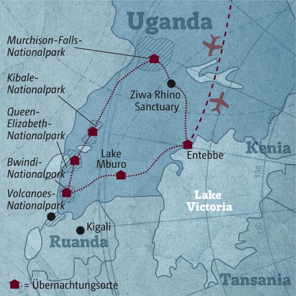 Die Reiseroute der individuellen Rundreise durch Uganda startet in Entebbe und führt über den Murchison-Falls-Nationalpark, den Kibale-Nationalpark und den Queen-Elizabeth-Nationalpark in den Bwindi-Nationalpark wo Sie die Berggorillas in ihrem natürlichen Lebensraum beobachten können.