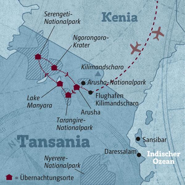 Ihre Reiseroute durch Tansania startet in Arusha und führt über den Tarangire-Nationalpark und den Lake Manyara in die Serengeti, in den Ngorongoro-Krater und wieder zurück nach Arusha.