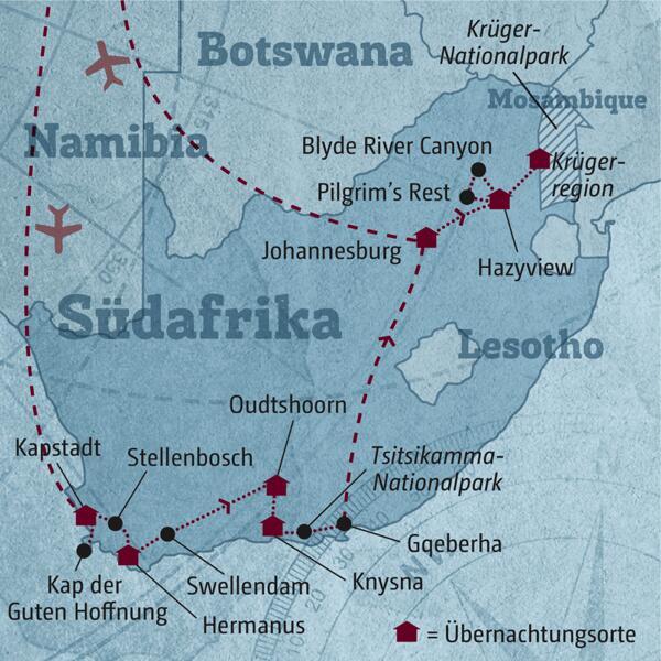 Die Route Ihrer individuellen Rundreise durch Südafrika startet in Kapstadt und führt über Hermanus, Oudtshoorn und Knysna in die Krügerparkregion.
