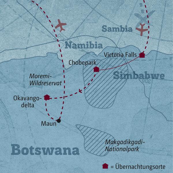 Diese Reisekarte zeigt den Verlauf der Marco Polo Individuell Reise Botswana: Victoria Falls, Chobepark, Okavangodelta.