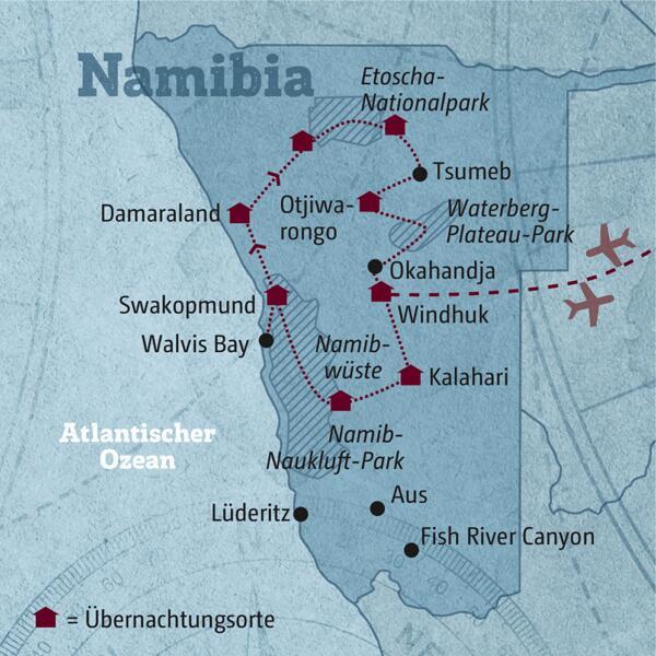 Diese Reisekarte zeigt den Verlauf der individuellen Marco-Polo-Mietwagenreise Namibia: Windhuk, Kalahari, Namibwüste, Swakopmund, Walvis Bay, Damaraland, Etoscha-Nationalpark, Otjiwarongo.