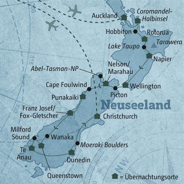 Diese Reisekarte zeigt den Verlauf der individuellen Marco Polo Reise durch Neuseeland: Auckland, Coromandel-Halbinsel, Hobbiton, Rotorua, Napier, Wellington, Abel-Tasman-NP, Punakaiki, Franz-Josef/Fox-Gletscher, Queenstown, Milford Sound, Dunedin, Christchurch.