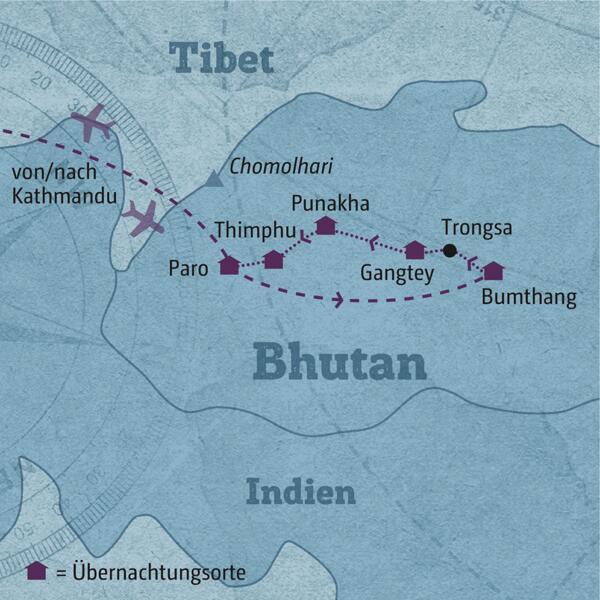 Ihre Reiseroute durch Bhutan führt Sie zunächst nach Bumthang, von wo aus Sie dann über Land zurück nach Paro fahren.