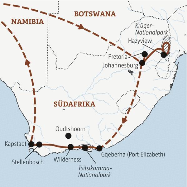 Erleben Sie eine zweiwöchige Entdeckerreise zu den Höhepunkten Südafrikas, wie Krüger-Nationalpark, Blyde River Canyon, Gardenroute und Kapstadt.