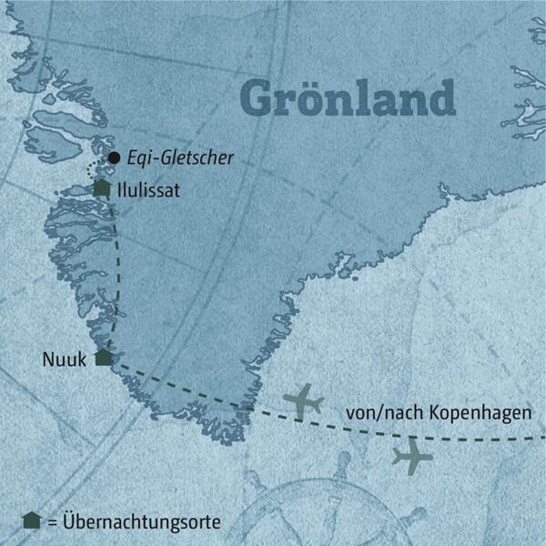 Auf Ihrer individuellen Reise nach Grönland besuchen Sie Nuuk und Ilulissat, und auch ein Ausflug zum Eqi-Gletscher steht auf dem Programm.
