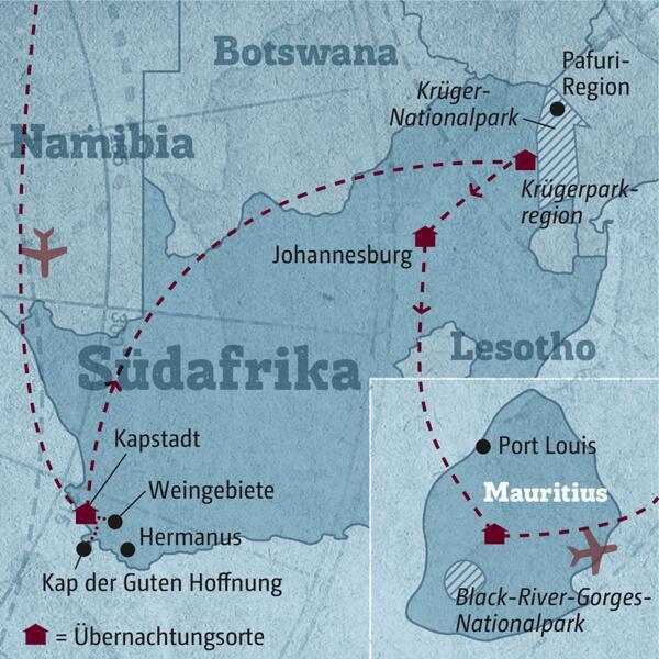 Auf Ihrer individuellen Reise Südafrika - Mauritius erleben Sie Kapstadt, Safarifahrten  und das Inselparadies Mauritius.