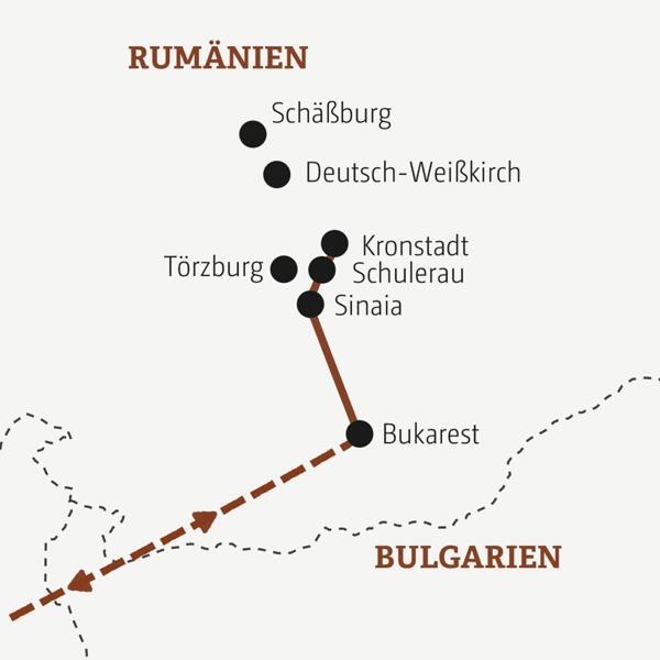 Karte von Rumänien mit eingezeichnetem Verlauf der Entdeckerreise.
