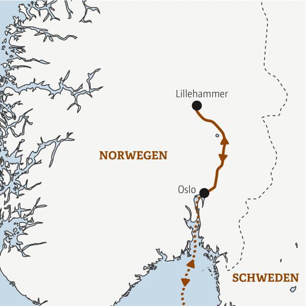 Verlauf der Reise nach Lillehammer in Norwegen
