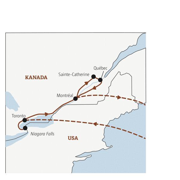 Die Rundreise mit YOUNG LINE nach Ostkanada führt von Toronto mit Abstecher bei den Niagara Falls, über Montréal und Sainte-Catherine nach Québec.
