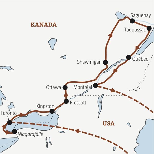Reiseverlauf der Marco Polo Entdeckerreise durch Ostkanada.