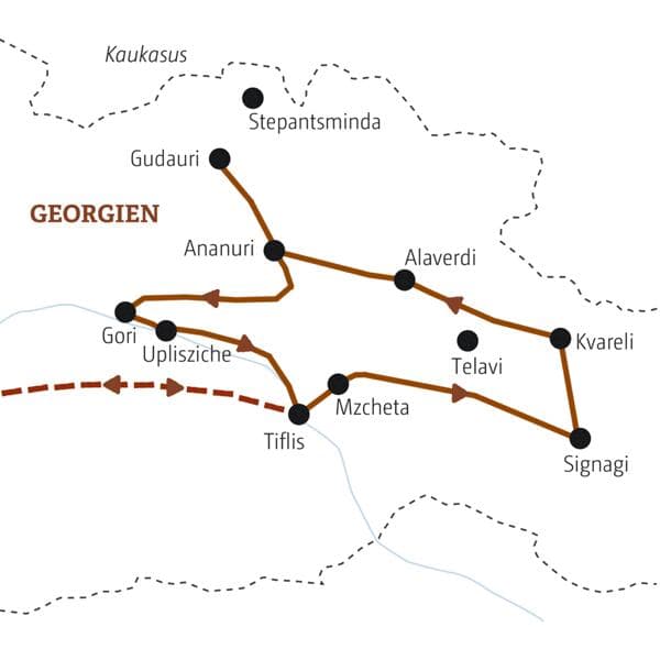 Die Route unserer Marco Polo Rundreise durch Georgien startet in Tiflis, führt in die Bergwelt des Großen Kaukaus, dann in die Weinbauregion rund um Signangi und nach  Gori.