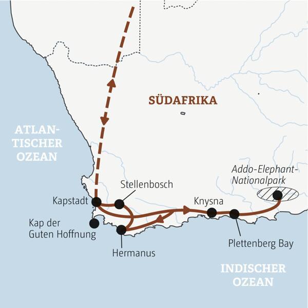 Karte der Marco Polo Entdeckerreise nach Südafrika
