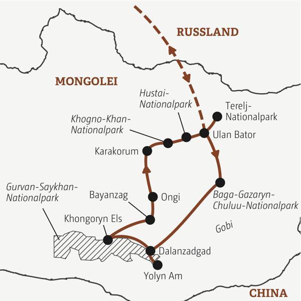 Karte von der Mongolei mit eingezeichnetem Verlauf der Marco Polo Entdeckerreise.