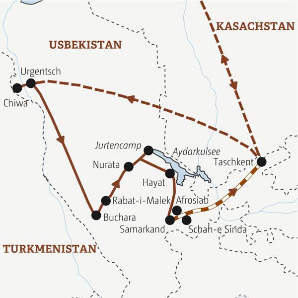 Karte mit eingezeichnetem Reiseverlauf der Marco Polo Reise nach Usbekistan