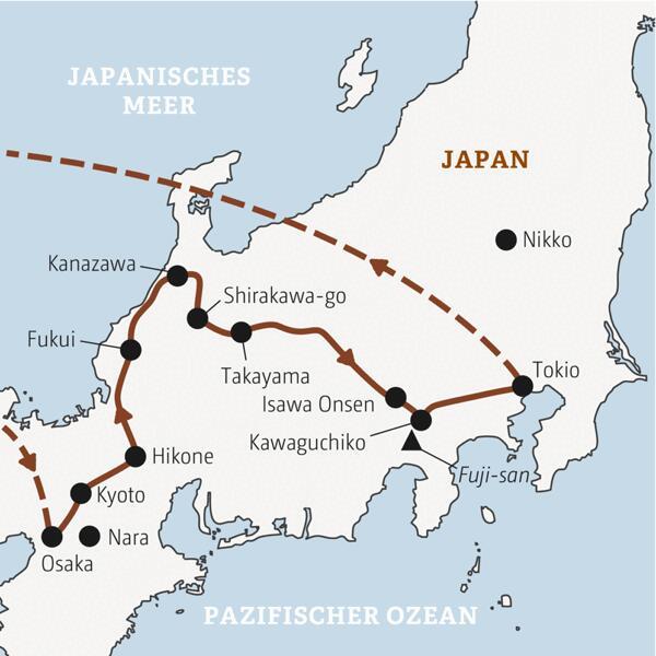 Karte der geführten Rundreise durch Japan von Kyoto über Kanazawa, Takayama und den Fuji-san bis zur Metropole Tokio.
