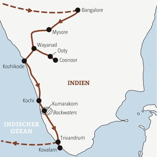 Reiseverlauf der Marco Polo Entdeckerreise nach Südindien