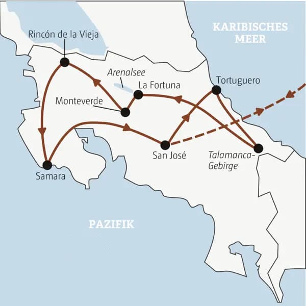 Die Rundreise mit YOUNG LINE durch Costa Rica führt dich von San José nach Tortuguero, ins Talamanca-Gebirge, nach La Fortuna,  Monteverde, Rincón de la Vieja bis nach Samara.