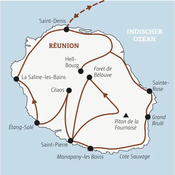 Die Rundreise mit YOUNG LINE durch La Reunion führt dich von Saint Denis nach Hell-Bourg, Sainte-Rose, Piton de la Fournaise, Foret de Belouve, Cilaos und Saint-Gilles.