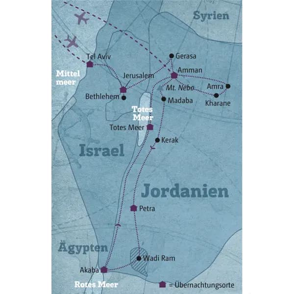 Diese Karte zeigt den Verlauf Ihrer individuellen Marco Polo Rundreise durch Israel und Jordanien: Tel Aviv, Jerusalem, Betlehem, Gerasa, Amman, Madaba, Kerak, Petra, Wadi Ram, Akaba, Totes Meer.