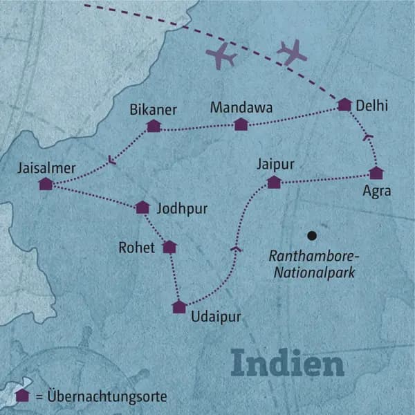 Die Reiseroute Ihrer individuellen Rajasthan-Tour führt Sie zu den beeindruckendsten Palästen und Forts des Bundesstaates. Absolutes Highlight am Ende der Reise: das Taj Mahal. Sie übernachten in Delhi, Mandawa, Bikaner, Jaisalmer, Jodhpur, Rohet, Udaipur, Jaipur und Agra.