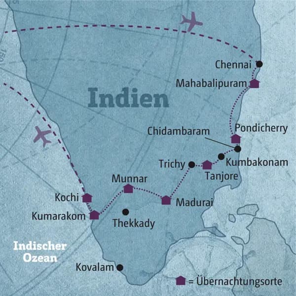 Die Route Ihrer individuellen Rundreise durch Südindien startet in Chennai und führt über Mahabalipuram, Pondicherry, Tanjore, Madurai, Munnar und Kumarakom nach Kochi.