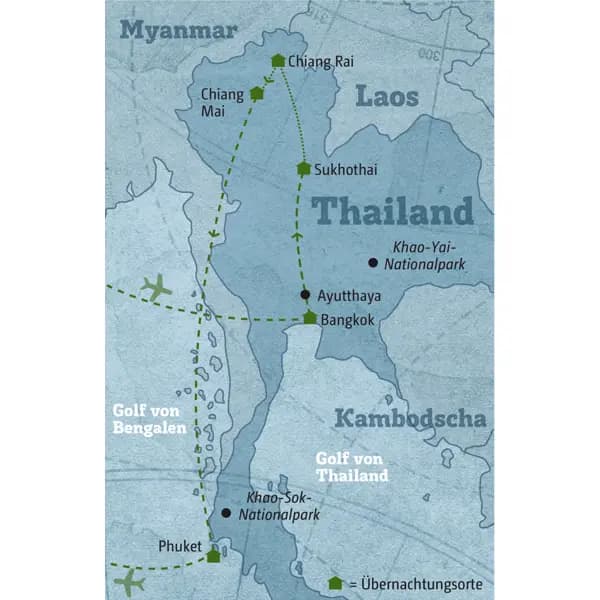 Ihre individuelle Rundreise durch Thailand führt Sie von Bangkok über Ayutthaya und Sukhotai nach Chiang Rai und weiter über Chiang Mai nach Phuket.