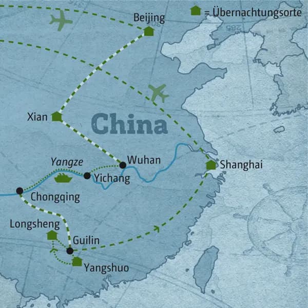 Reisekarte der Marco Polo Individuell Reise China - Megastädte und Flusslandschaften.