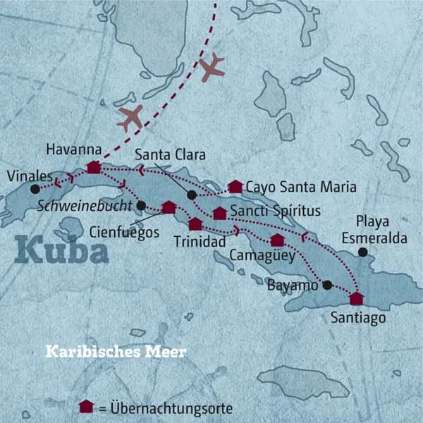 Ihre Reiseroute durch Kuba startet in Havanna und führt Sie bis in den Osten nach Santiago de Cuba. Sie besichtigen unter anderem Vinales, Cienfuegos, Trinidad, Camagüey und Sancti Spiritus.