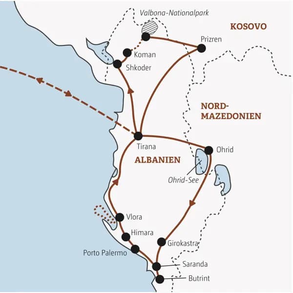 Reisekarte der Marco Polo Reise in kleiner Gruppe nach Albanien.