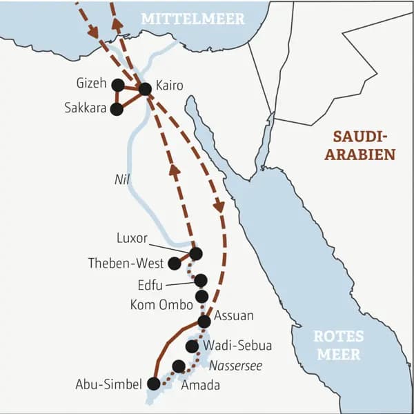 Reisekarte der Marco Polo Mini-Gruppen-Reise Ägypten mit den wichtigsten Stationen der Reise.