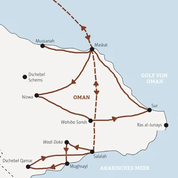 Stationen der Marco Polo Reise Oman - Wüste, Wadis und Meer: Maskat, Sur, Nizwa, Wahiba Sands und Salalah.