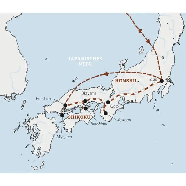 Der Reiseverlauf dieser Japanreise von Hiroshima über Okayama, die Kunstinsel Naoshima und Kyoto bis nach Tokio.