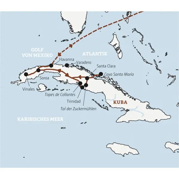 Ihre Rundreise durch Kuba mit Marco Polo in der Mini-Gruppe führt Sie von Havanna nach Vinales und dann weiter nach Trinidad, Santa Clara und Cayo Santa María.
