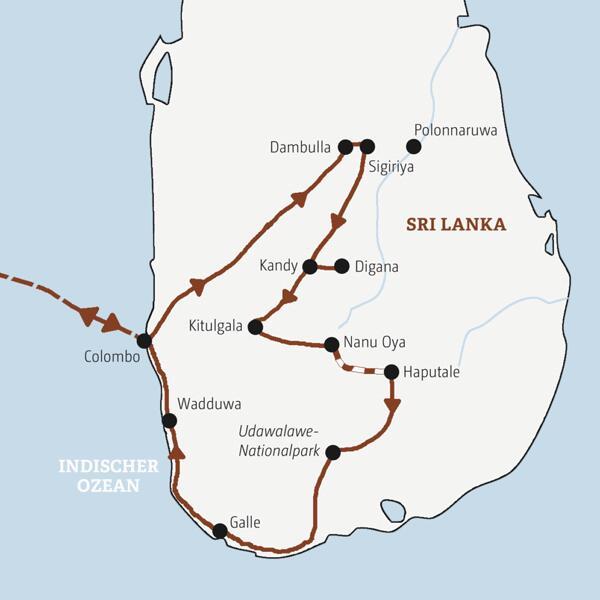 Die Karte zeigt den Verlauf der Marco-Polo-Mini-Gruppen-Reise Sri Lanka: Colombo, Dambulla, Sigiriya, Kandy, Digana, Kitulgala, Nanu Oya, Haputale, Udawalawe, Galle, Wadduwa.