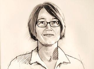 Eine Porträtzeichnung in schwarz und weiß von einer Frau mit Brille.