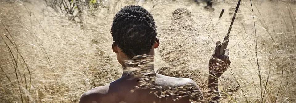 Rückenansicht eines San-Buschmann mit kurzem Haar, der durch hohes, trockenes Gras geht und einen Stock hält.