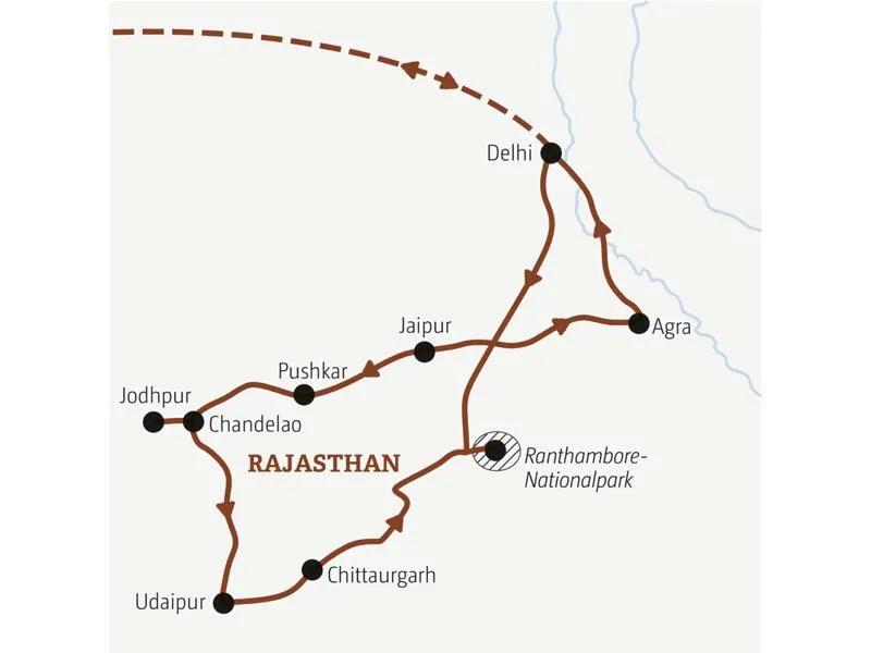 Eine Routenkarte von der Top-Preis Rundreise "Indien – Märchenhaftes Rajasthan".