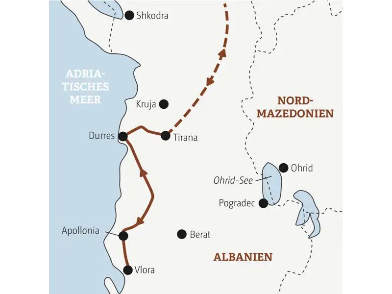 Eine Routenkarte von der Top-Preise Rundreise "Albanien – Im Land des Adlers".