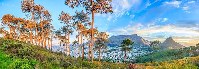 Panoramaaufnahme von Kapstadt mit Tafelberg vom Signal Hill in der Abenddämmerung mit beleuchteter Stadt.