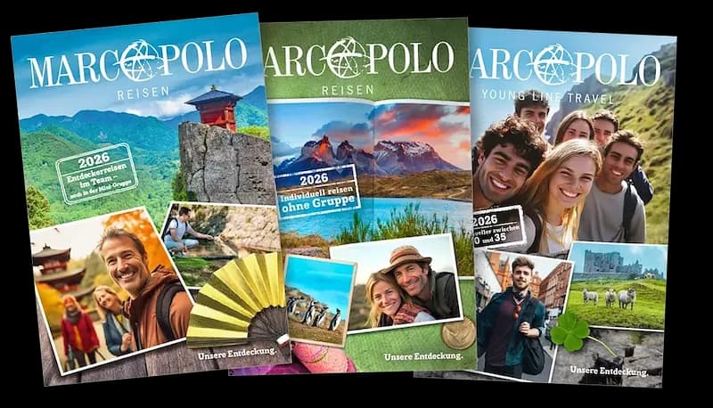 Drei Kataloge von Marco Polo Reisen als Fächer