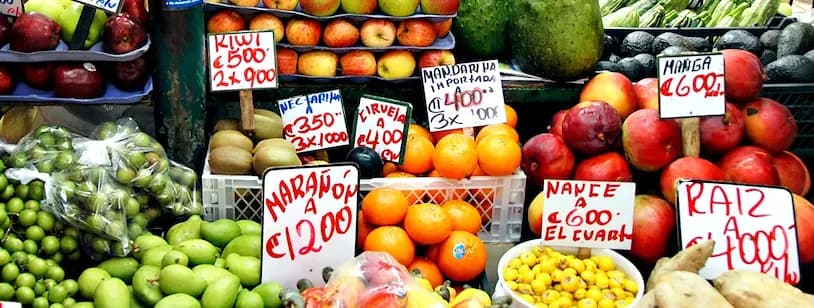 Ein Marktstand auf dem Mercado Central in San José mit vielen bunten Früchten
