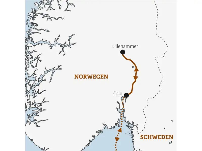 Eine Routenkarte von der Top-Preis Rundreise "Norwegen – Wintertage in Lillehammer".